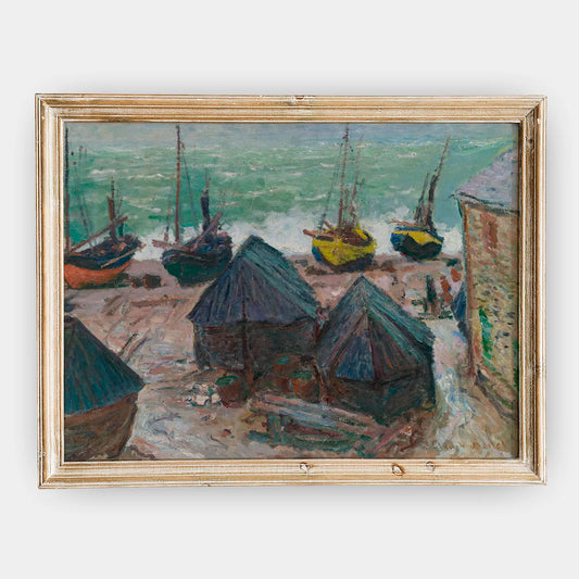 Claude Monet - Boats on the Beach at Étretat #120 a beautiful painting reproduction by GalleryInk.Art