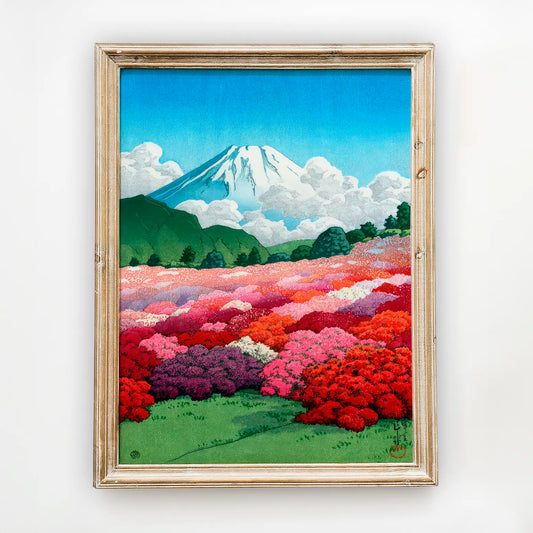 Hasui Kawase - View of an Azalea Garden and Mt Fuji (1935) a beautiful painting reproduction by GalleryInk.Art