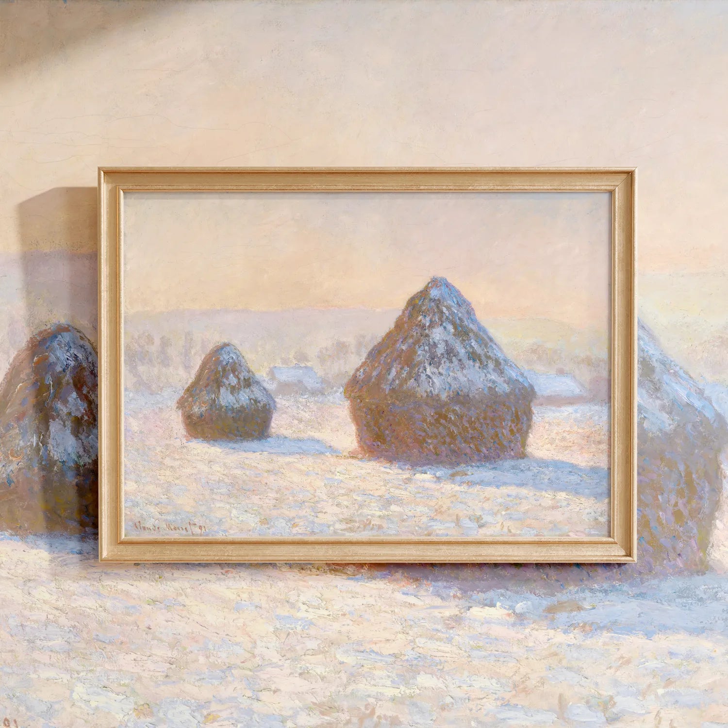 Claude Monet - Wheatstacks, Snow Effect, Morning #83 a beautiful painting reproduction by GalleryInk.Art