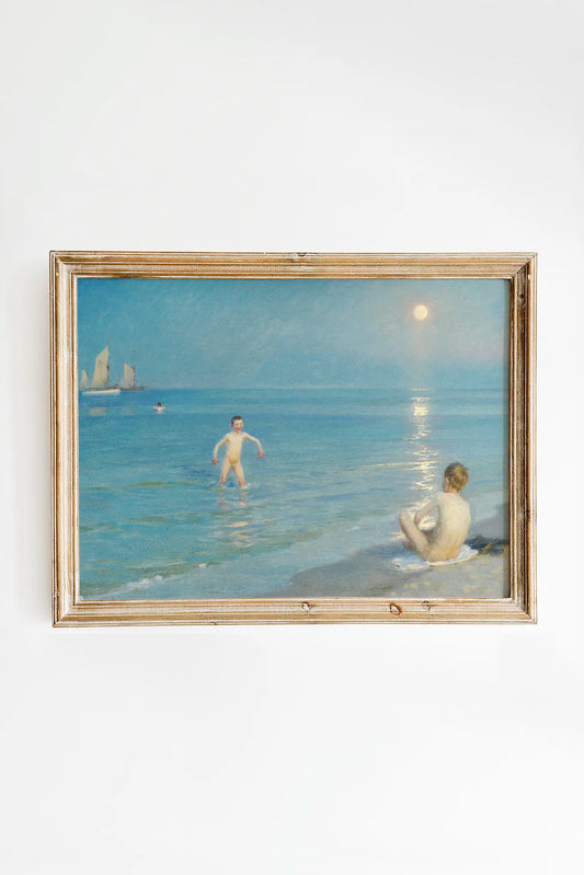 P S Kroyer - Boys Bathing at Skagen Summer Evening #56 a beautiful seascape painting reproduction printed by GalleryInk.Art