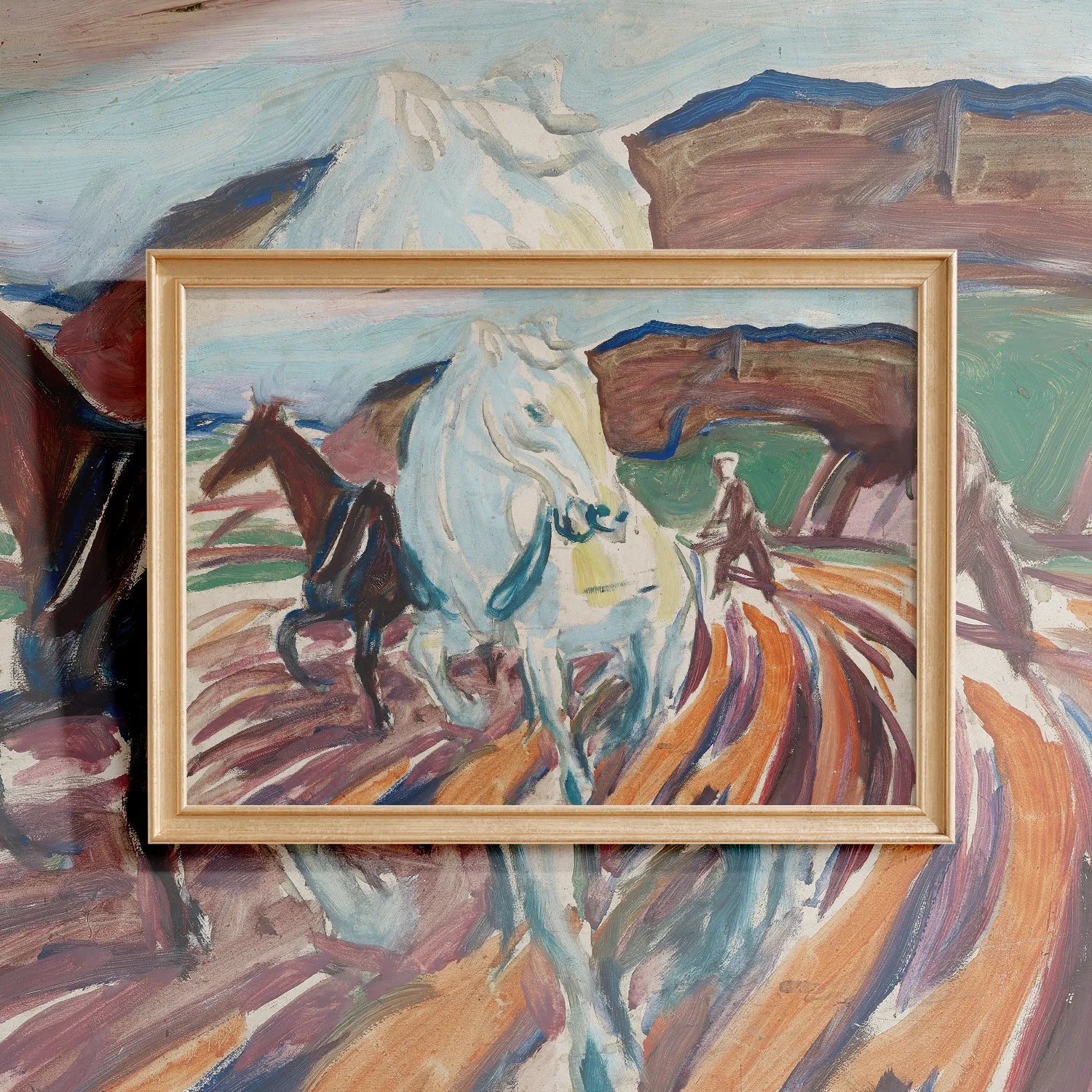 Edvard Munch - Horses Ploughing #69 a beautiful painting reproduction by GalleryInk.Art