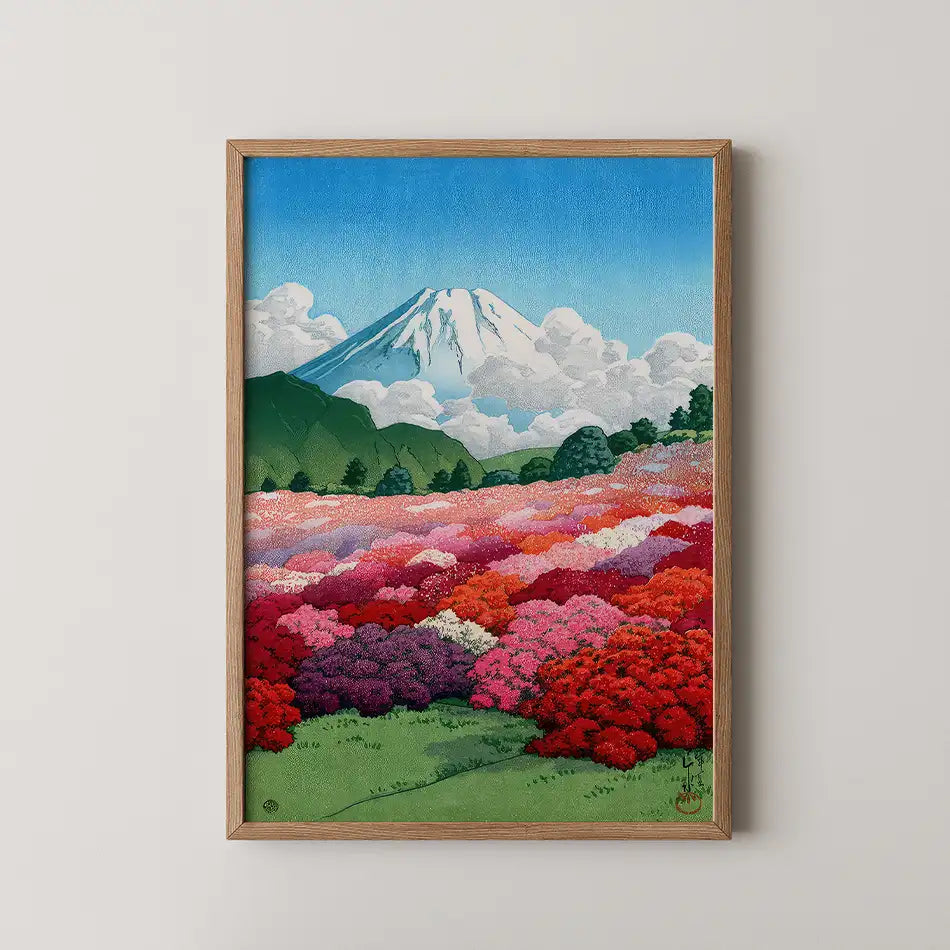 View of an Azalea Garden and Mt Fuji (1935) by Hasui Kawase - Fine Art Print