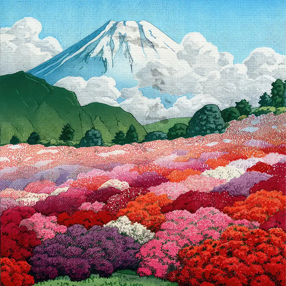 View of an Azalea Garden and Mt Fuji (1935) by Hasui Kawase - Final Mockup Example