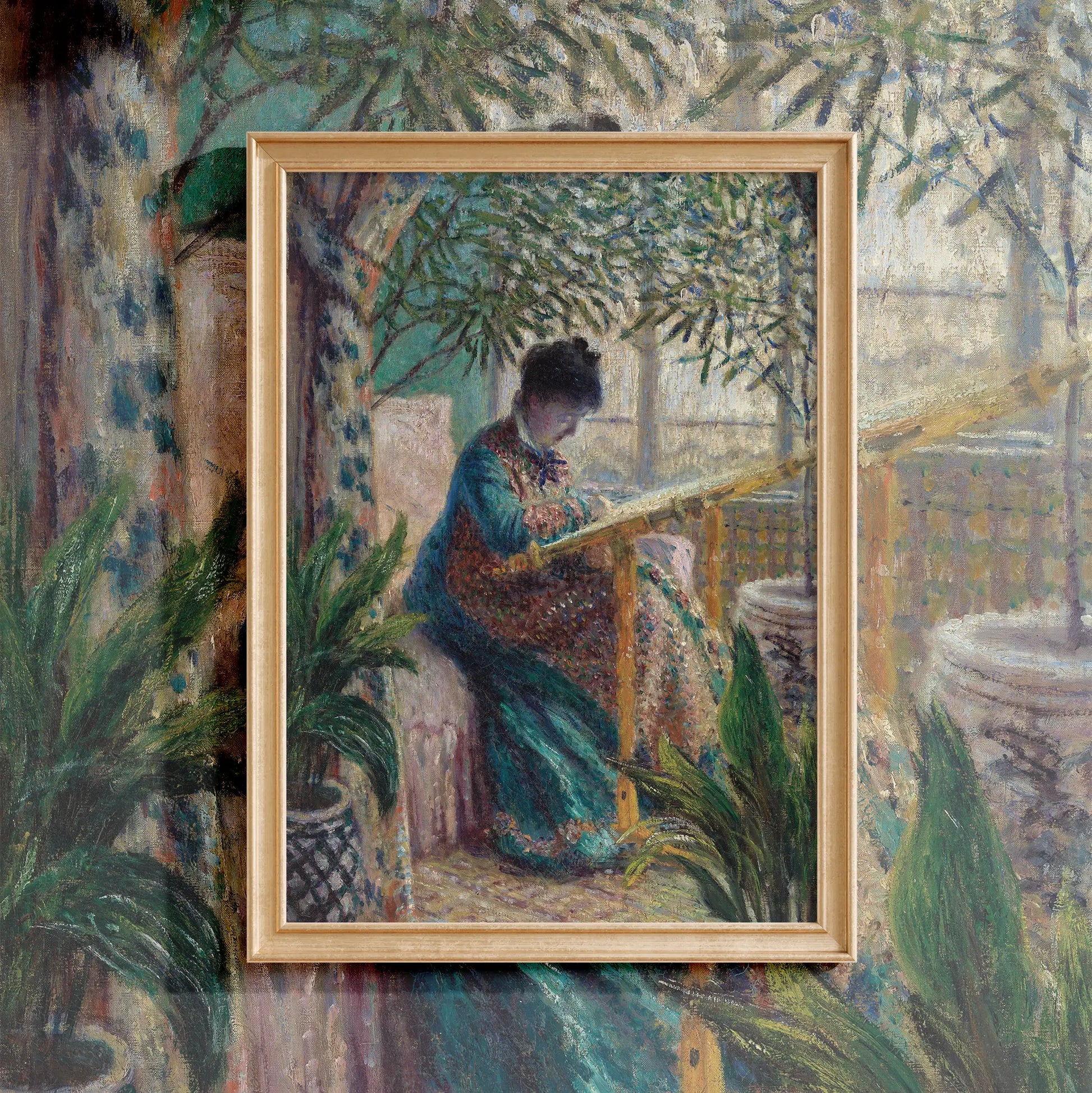 Claude Monet - Madame Monet Embroidering #monet-6 a beautiful painting reproduction by GalleryInk.Art