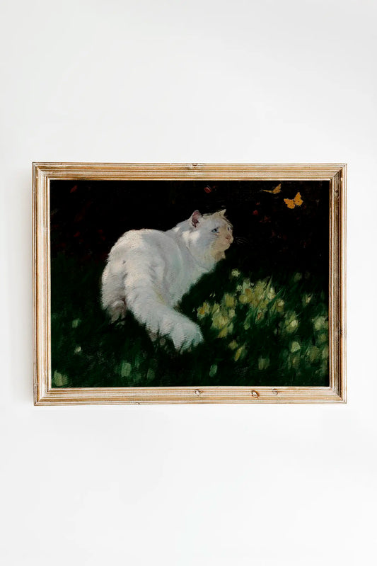 Arthur Heyer - White Cat and Butterflies #3 a beautiful painting reproduction printed by GalleryInk.Art, a store providing vintage farmhouse prints