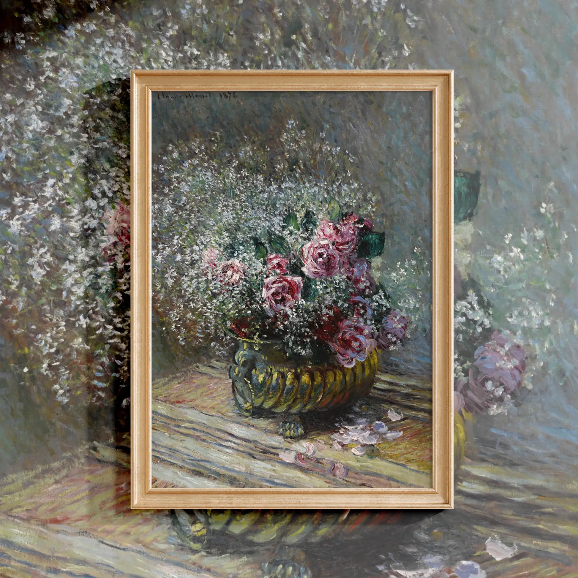 Claude Monet - Fleurs dans un pot (Roses et brouillard) #monet-154 a beautiful painting reproduction by GalleryInk.Art